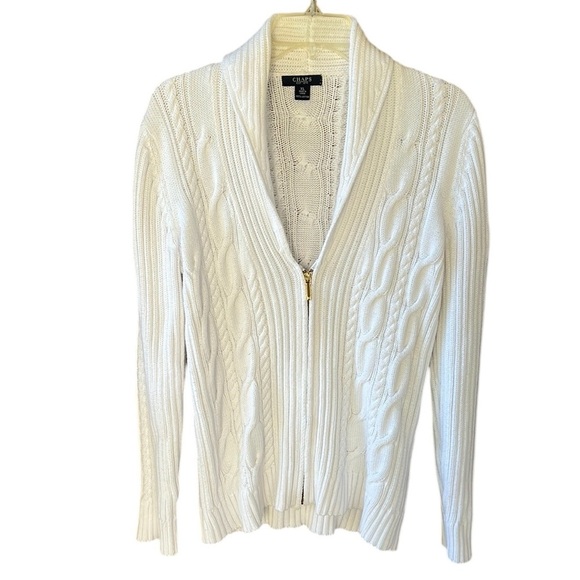 Chaps XL100% Cotton White Zipper Front Fisherman Chunky Cable Knit Sweater Shawl - Picture 1 of 7